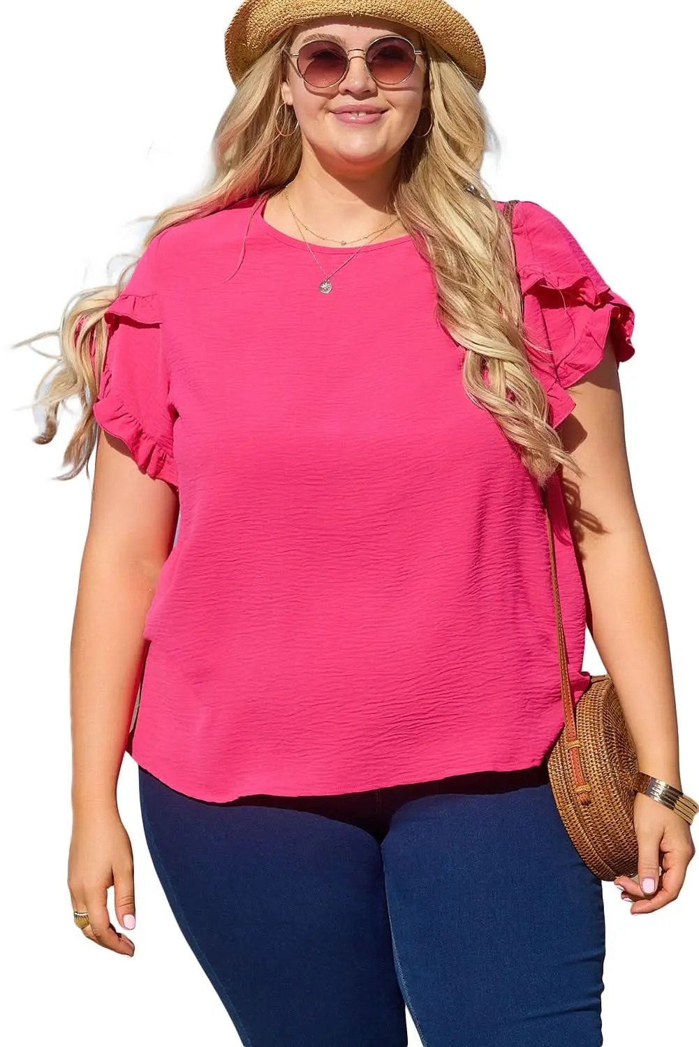 Bright Pink Ruffled Short Sleeve Plus Size Top - Love Salve